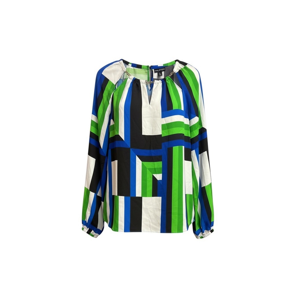 Halston Women Blue Green Geometric Chain Neck Blouse Large NWT